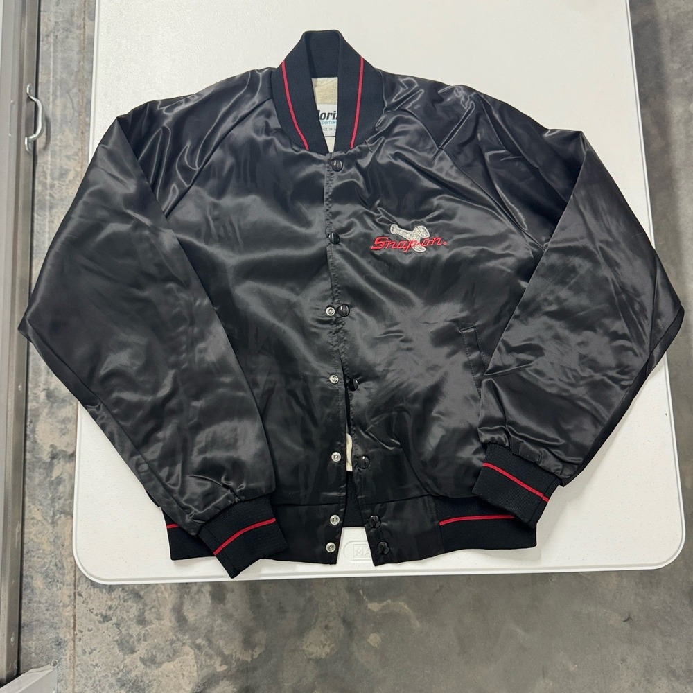 Horizon Snap-On Tools Bomber Jacket Mens M Black Fair Vintage Satin Varsity USA